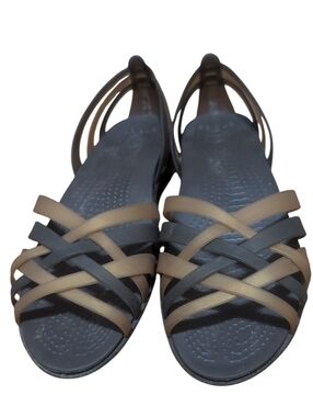 Crocs Strappy Sandals Women’s 7 Black Taupe Croslite Comfort Lightweight Summer